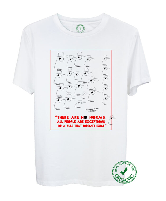 Pessoa's No Norms Organic Cotton Tee with quote and the poet cartoon