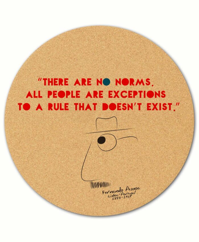 Pessoa's No Norms round cork mousepad with quote and the poet cartoon